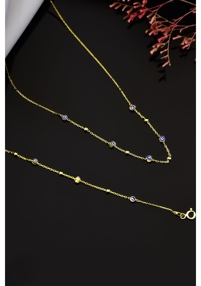 Papatya Silver 925 Ayar Gümüş Gold Kaplama Top Zincir Sallantılı Nazar Göz Kolye, Bileklik ve Küpe Set