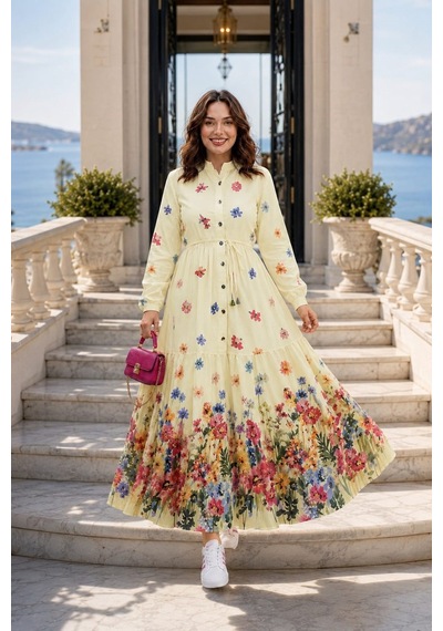 Hb Harma Time Butik Kadın Düğmeli Çiçek Desenli Modal Sarı Elbise Hardal