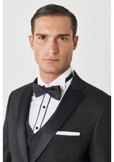 Ac&Co / Altınyıldız Classics Slim Fit Dar Kesim Mono Yaka Desenli Yelekli Smokin Takım Siyah