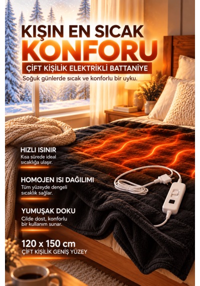 Çift Kişilik Elektrikli Battaniye 120x150 Cm Hızlı Isınan Isıtıcılı Yatak Altı Battaniyesi Gri