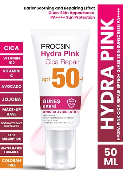 Procsin Hydra Pink Bariyer Güçlendirici Cam Cilt Renkli Güneş Kremi SPF50+ Pa++++ 50 ML
