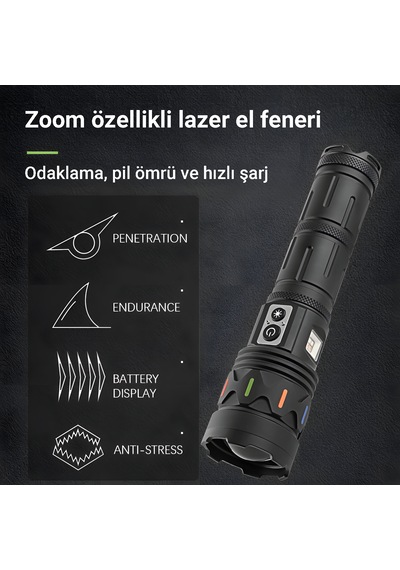 İdragon Af002 Ultra Güçlü Led El Feneri - P360 Lazer Odaklama & Acil Durum Powerbank Fonksiyonlu Fener Siyah