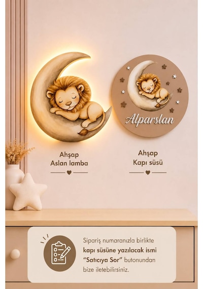 Ahşap İsme Özel Pilli Ledli Gece Lambası Ve Ahşap Kapı Süsü Seti Bebek Çocuk Odası Kahverengi