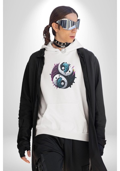 Renkli Yin İle Yang Kuramı Kadın Erkek Beyaz Kapüşonlu Sweatshirt Hoodie Beyaz