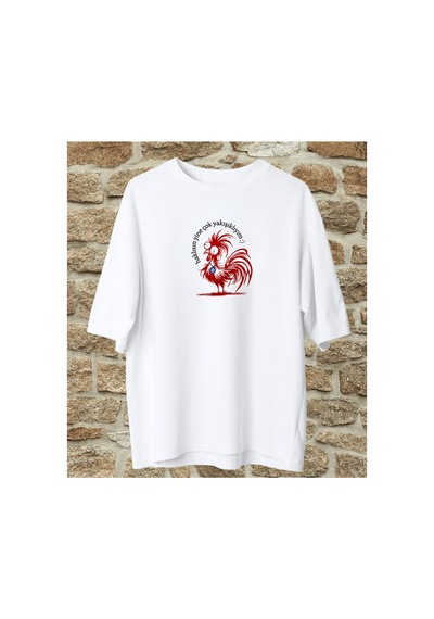 Qmen Style Unisex Beyaz Oversize Baskılı T-shirt Espirili Horoz Baskılı %100 Pamuk