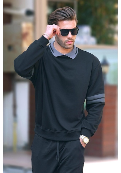Madmext Siyah Polo Yaka Oversize Kolu Şeritli Erkek Sweatshirt 7048-siyah Siyah
