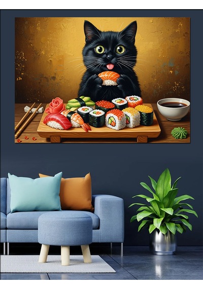 Ahşap Tablo Suşi Yiyen Sevimli Kara Kedi