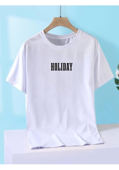 Unisex Örme Oversize Holiday Basklı Beyaz T-shirt. Beyaz