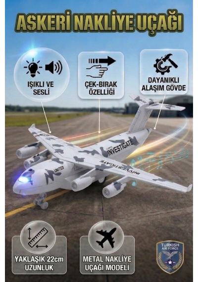 Metal Alaşım Işıklı Sesli Çek Bırak Askeri Kargo Uçağı - 22 Cm Büyük Boy Model Uçak