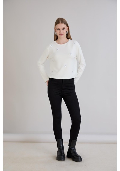 Sortie Collection Çiçek Aksesuarlı Modal Bluz Ekru