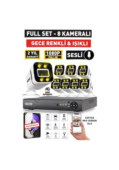 Sesli - 8 Kameralı Fullhd Gece Renkli Ve Işıklı Güvenlik Kamerası - Kamera Seti Hard Disksiz
