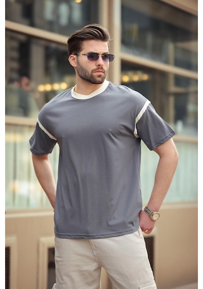 Madmext Füme Bisiklet Yaka Regular Fit Erkek T-shirt E7126 Füme