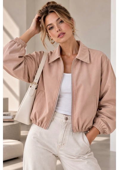 Bb Butik Basic Mevsimlik Fermuarlı Bomber Ceket Oversize Rahat Kalıp Fs3434 Pudra