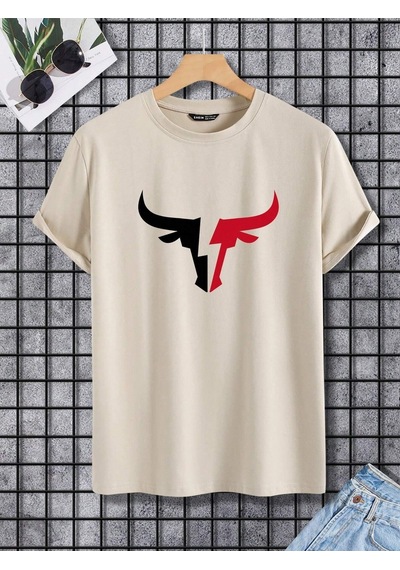 Boğa Sembol T-shirt - Bej Baskılı Oversize Bisiklet Yaka Kısa Kol Tişört Bej