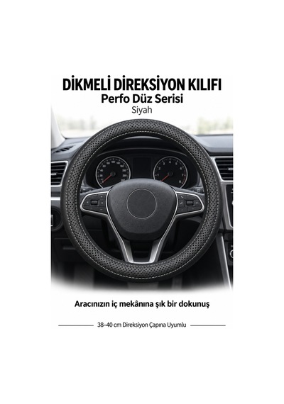 Trobus Volkswagen Taigo 2021-2025 Uyumlu Dikmeli Direksiyon Kılıfı Perfo Düz Delikli Deri Siyah