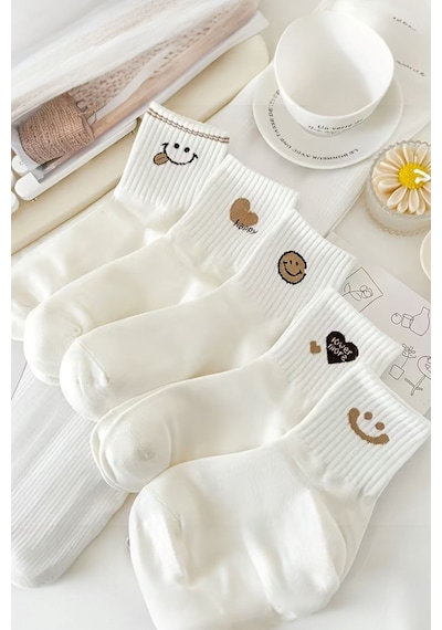 Hitit Socks Kadın 5 Çift Premium Kalite Gülen Surat Ve Kalp D... Çok Renkli