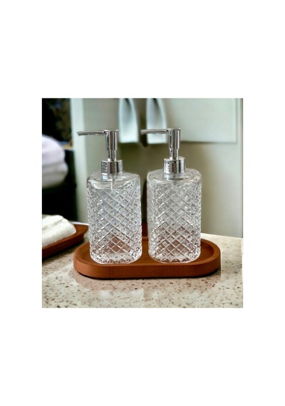 Ahşap Standlı 2 Li Cam 500 Ml Gri Başlıklı Sıvı Sabun Bulaşık Deterjan Şişesi Sabunluk Set Şeffaf 632345337 Şeffaf