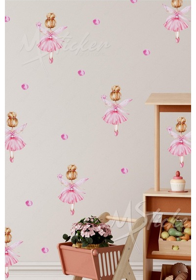 MSticker Minik Peri Kızı Balerin Yıldızlar Ve Puantiyeler Çocuk Bebek Odası Duvar Cam Sticker Seti