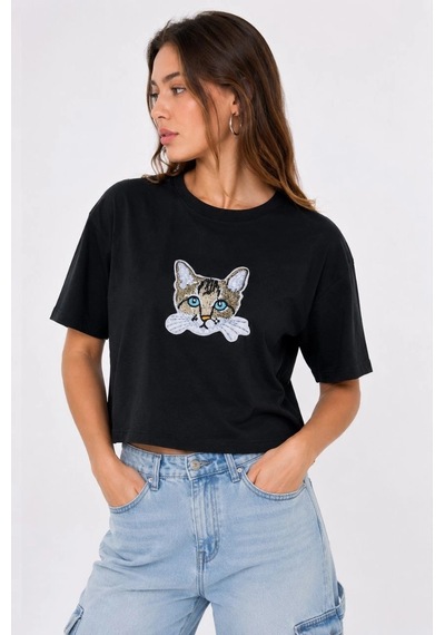 Primemagazam Kadın Kedi Baskılı Oversize Crop Tişört Salaş Basic Yarım Kol T-shirt - Siyah Çeşitli