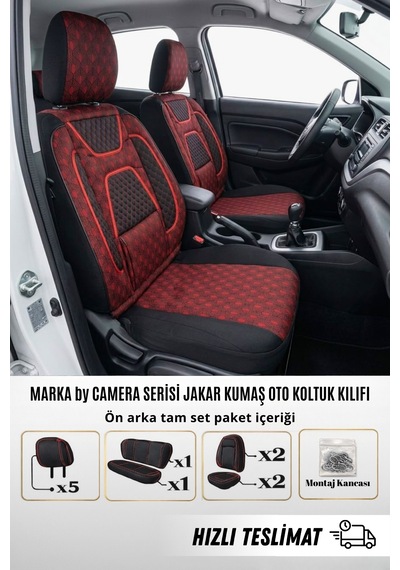 Marka By Camera Serisi Jakar Kumaş Universal Oto Koltuk Kılıfı Tam Set Kırmızı