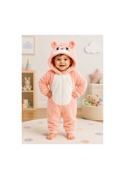 Tatlı Ayıcık Desenli Welsoft Peluş Kapüşonlu Fermuarlı Kışlık Unisex Bebek Tulumu 40197 Somon