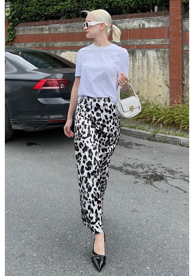 Madmext Beyaz Leopar Desenli Midi Boy Saten Etek Mg2079 Beyaz