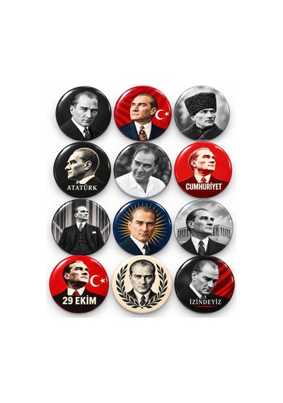 Atatürk Portre Koleksiyonu - 12 Li 58mm Rozet Seti Çok Renkli