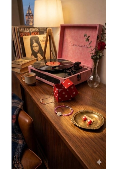 Casablanca Serisi Retro Çanta Pikap Pembe Süet Kaplama, Dahili Hoparlörlü, 3 Hızlı 33/45/78 Standart