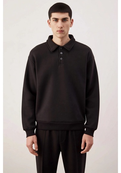 Benerly Erkek Polo Yaka Standart Kol Oversize Kalıp Sweatshirt Fonksiyone siyah