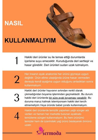 Sermoda Hakiki Gerçek Deri Cırtlı Erkek Sandalet Taba