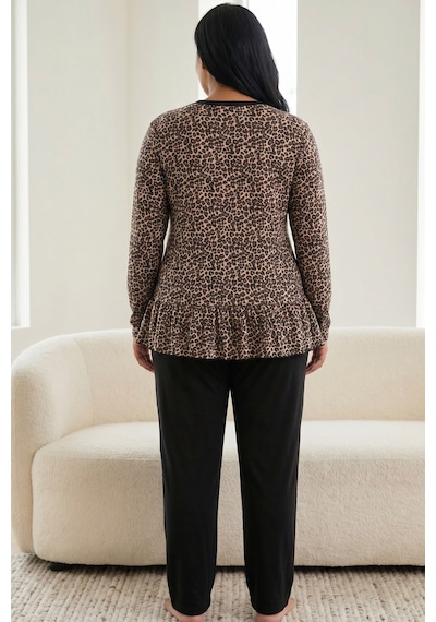 Siyah İnci Pamuklu Likralı Büyük Beden Battal Boy Örme Pijama Takım26240873 Leopar