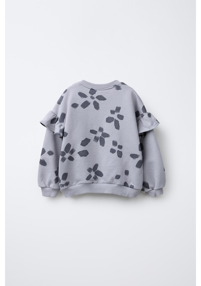 Magu Kız Çocuk Pamuklu Gri Çiçek Desenli Sweatshirt Ve Tayt Takım - Rahat Kesim, Fırfır Detaylı Gri