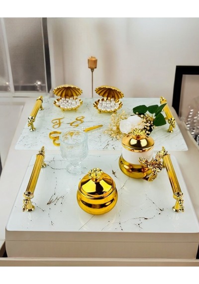 Soulmate Beyaz Desenli Söz Tepsisi Ve Nişan Tepsisi Gold Gold