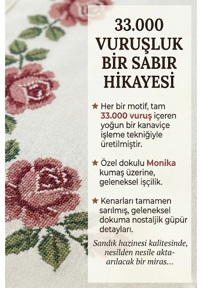 Handmade Kanaviçe İşlemeli Güpürlü Masa Örtüsü Monika Kumaş Nostalji Serisi Ekru