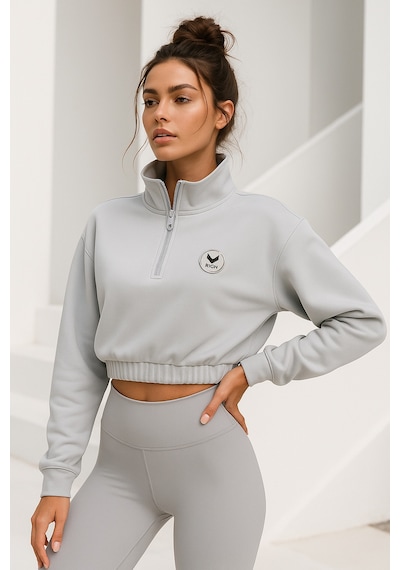 Kadın Gri Yarım Fermuarlı Beli Lastikli Crop Sweatshirt Gri