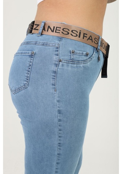Zanessi Büyük Beden Toparlayıcı Kemerli Bol Paça Denim Kadın Pantolon Mavi