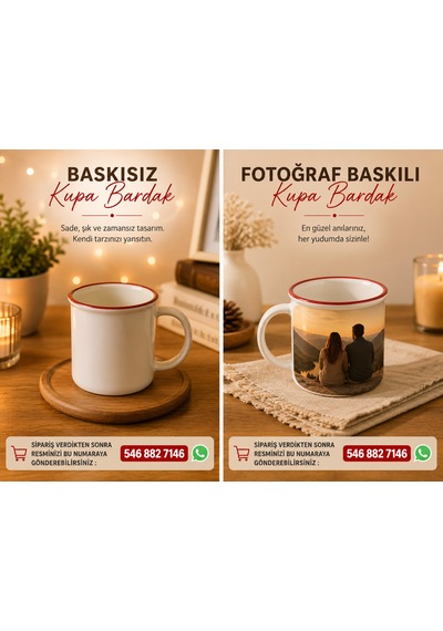 Fotoğraf Baskılı Kırmızı Ağız Çizgili Kupa Bardak - Kişiye Özel Beyaz  - Kırmızı
