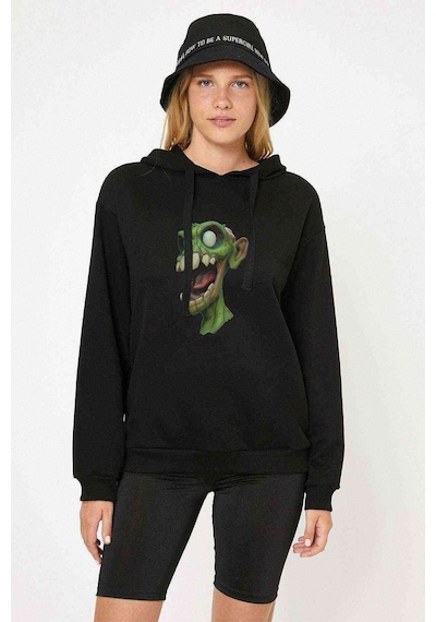 One Piece Zombie 2 Baskılı Siyah Kadın Kapşonlu Sweashirt