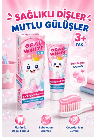 Oral White Kids Çocuk Diş Macunu 3+ Yaş Bubblegum Aromalı Florürsüz Doğal Formül 50 Ml Tam Koruma
