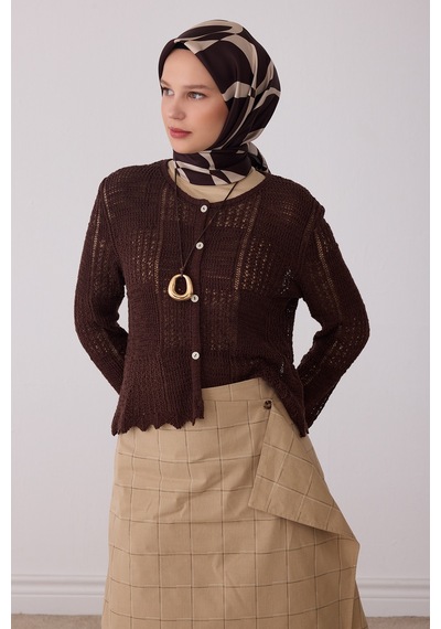 Belli Soyut Desen %100 Twill İpek Eşarp Be29 Kahverengi-taş