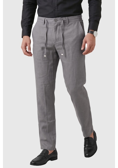Deepsea Gri Slim Fit Likralı Keten Dokulu Lastikli Belli İpli Yazlık Erkek Pantolon 2603001