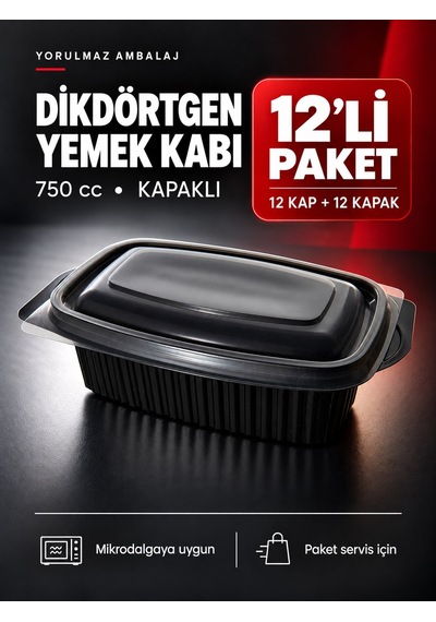750 Cc Kapaklı Dikdörtgen Yemek Kabı 12 Li Mikrodalgaya Uygun Siyah Paket Servis Kabı