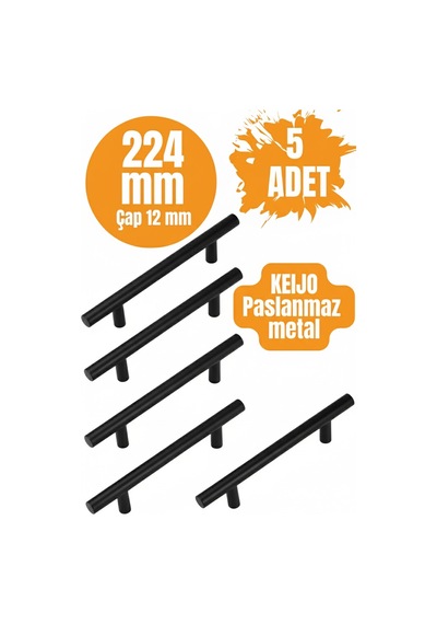 5 Adet Keijo Siyah 224mm Paslanmaz Kulp Mobilya, Dolap Kulbu, Kulp Modeli Mat Siyah