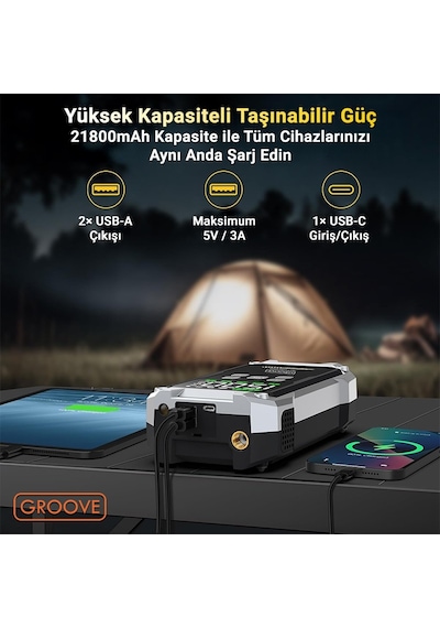 Groove F04 21800mah 6000a Akü Takviye Cihazı+lastik Şişirme Pompası Kompresörlü Jump Starter Çanta+powerbank+led Lamba+lcd Ekran