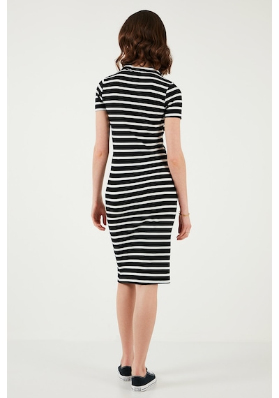 Lela Streç Slim Fit Düğmeli Polo Yaka Kısa Kollu Mini Boy Çizgili Elbise Bayan Elbise 5866167 Siyah-beyaz Beyaz - Siyah