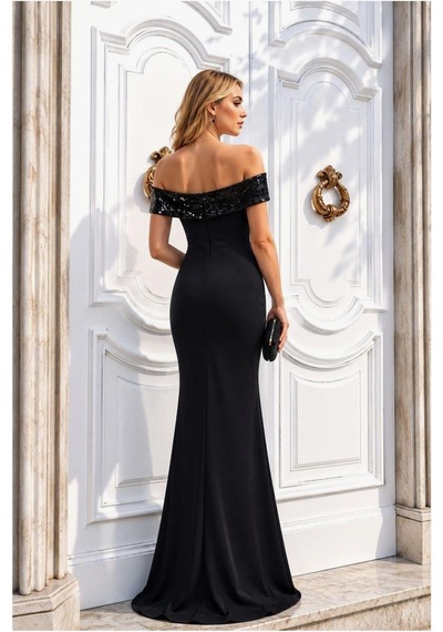 DefyModa Kadın Yeni Sezon Carmen Yaka Payetli Yırtmaçlı Abiye Elbise Siyah
