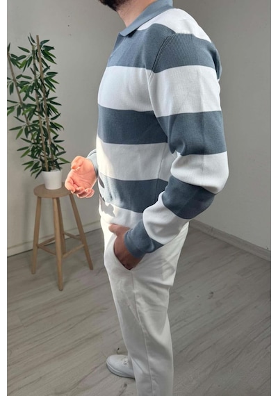 Explode - Erkek Mavi - Ekru Şerit Desenli Polo Yaka Oversize Triko Kazak Mavi