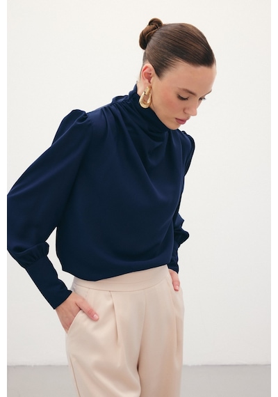 Sateen Drape Detaylı Bluz - Lacivert