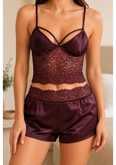 Loule Kadın Mürdüm Çapraz Bantlı Dantel Bralet Şort Pijama Takımı