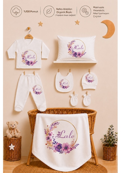 Pia Baby Kız Bebek Hastane Çıkışı Seti 11 Parça %100 Pamuk Kişiye Özel İsim Baskılı 1076110x Ekru